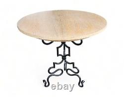 Vintage Late 20th Century Custom Made Round White Oak Table w. Iron Swirled Base