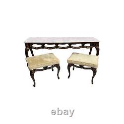 Vintage Late 20th Century French Marble Top Console Table with Benches Set of 3