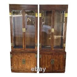 Vintage Late 20th Century Henredon Brown Glass & Oak Campaign Cabinets a Pair