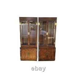 Vintage Late 20th Century Henredon Brown Glass & Oak Campaign Cabinets a Pair