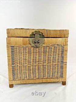 Vintage Wicker & Brass Rattan Chinoiserie Style Trunk Chest Late 20th Century