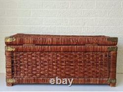 Vintage Wicker Campaign Trunk, Blanket Chest Late 20th Century Rattan