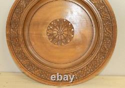 Vintage carved wood round wall hanging floral plate