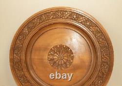 Vintage carved wood round wall hanging floral plate