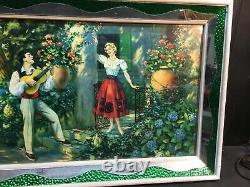 Vtg Art Lady In Garden Mediterranean Print Mirrored Glass Frame 18in x 32in