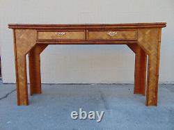 Vtg Moroccan Style Woven Rattan Faux Bamboo Console Table 2 Drawers & 2 Stools