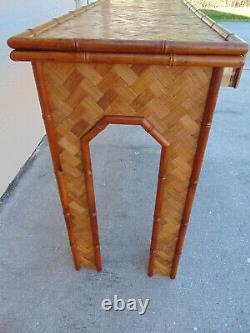 Vtg Moroccan Style Woven Rattan Faux Bamboo Console Table 2 Drawers & 2 Stools
